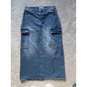 Almost‎ Famous Womens Cargo Denim Maxi Skirt Medium Wash Blue Size M Back Slit